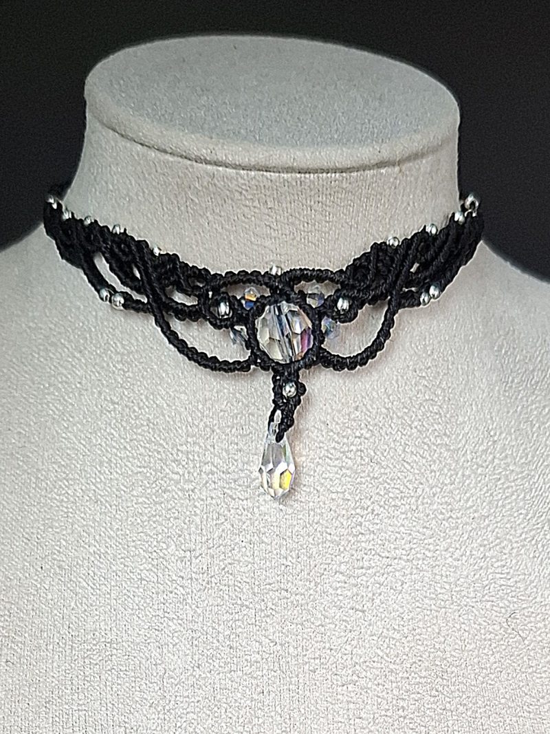 Black Macrame Choker Necklace with Crystals