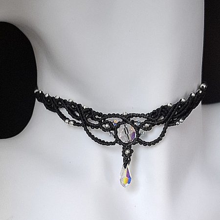 Black Macrame Choker Necklace with Crystals