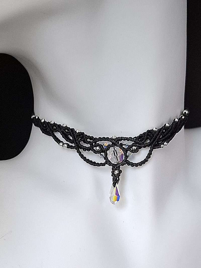 Black Macrame Choker Necklace with Crystals
