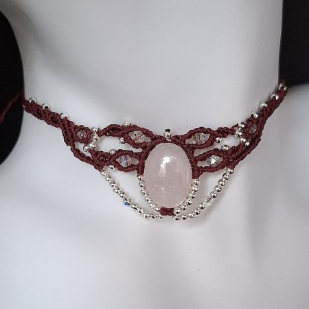 Wine red Macrame Choker Necklace with Rose Quartz cabochon