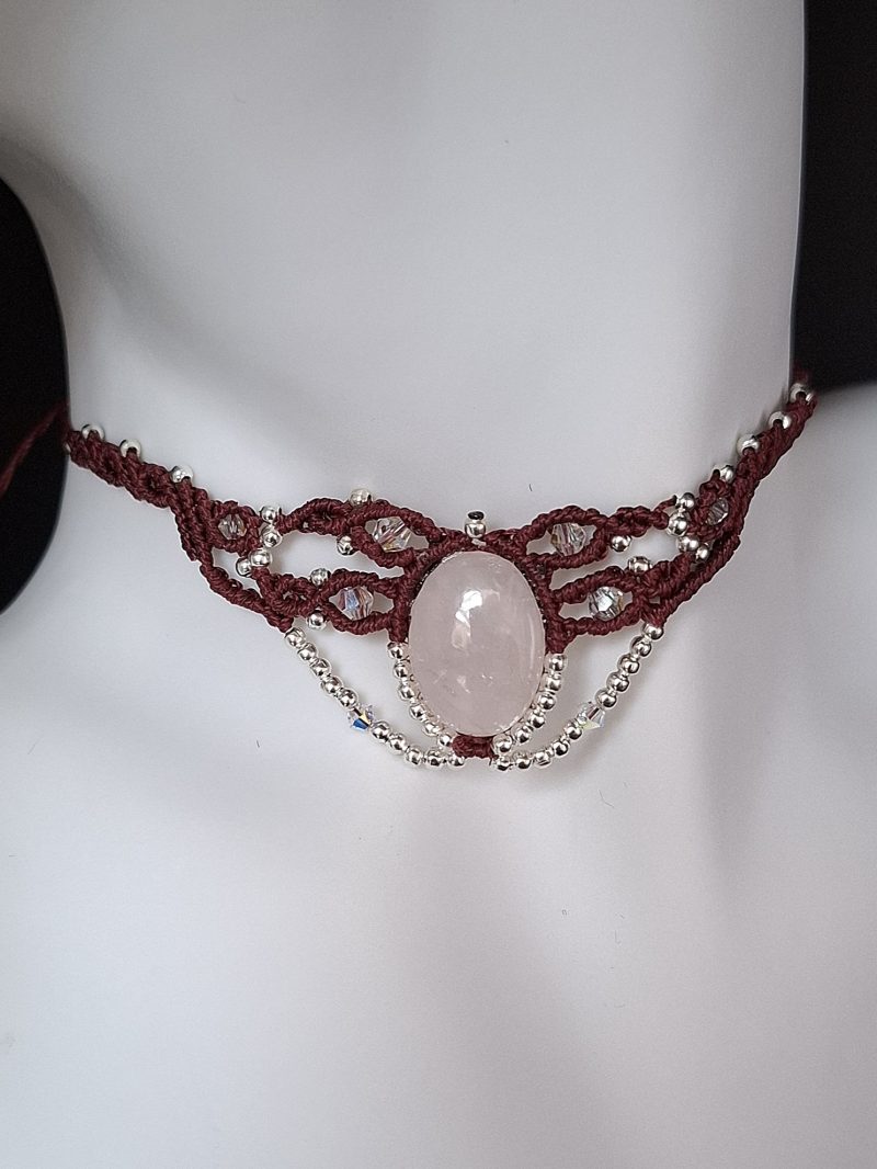 Wine red Macrame Choker Necklace with Rose Quartz cabochon
