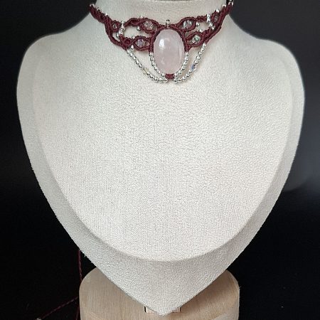 Wine red Macrame Choker Necklace with Rose Quartz cabochon