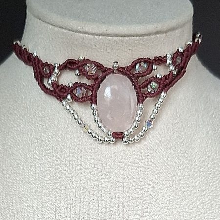 Wine red Macrame Choker Necklace with Rose Quartz cabochon