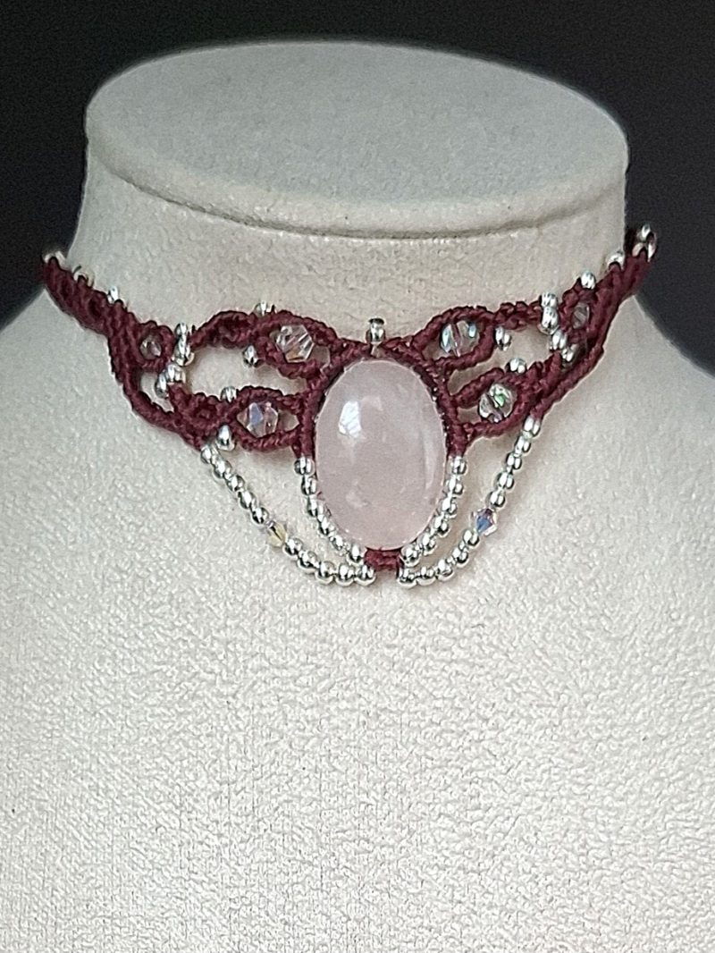 Wine red Macrame Choker Necklace with Rose Quartz cabochon