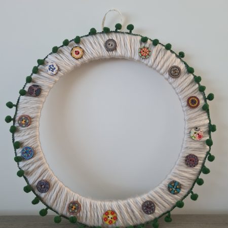 Chunky Cream Yarn Wreath,Green PomPom Trim and Decorative Wooden Buttons