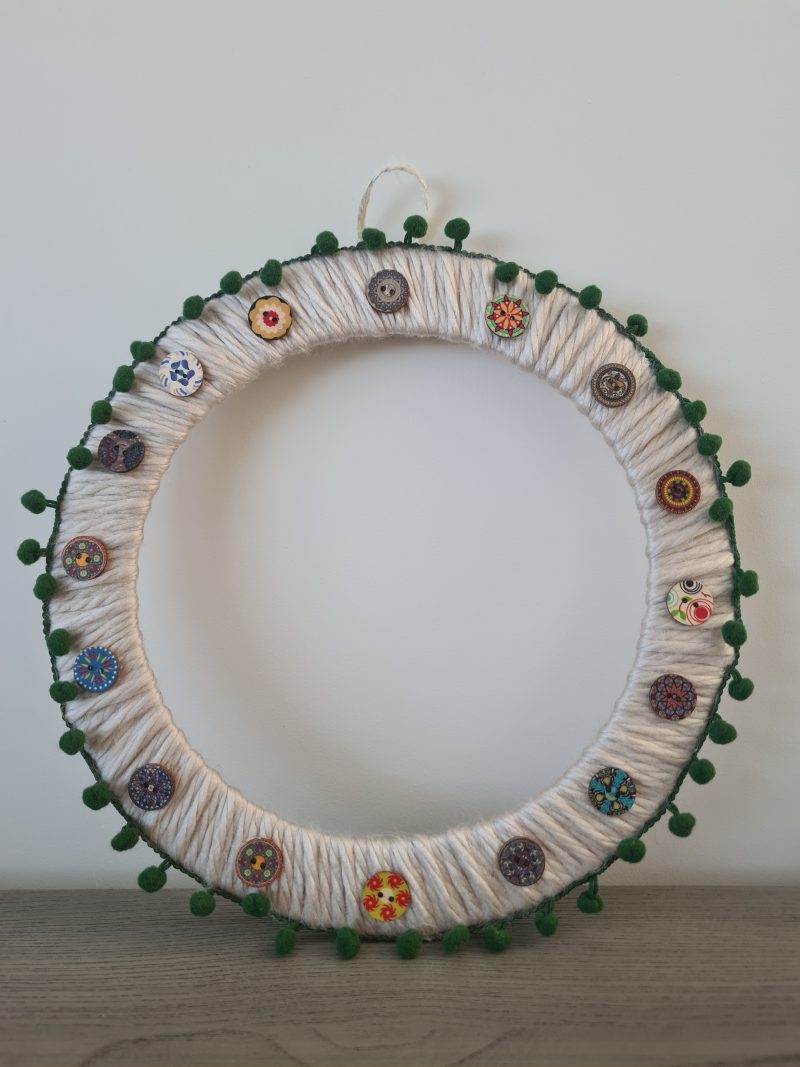 Chunky Cream Yarn Wreath,Green PomPom Trim and Decorative Wooden Buttons