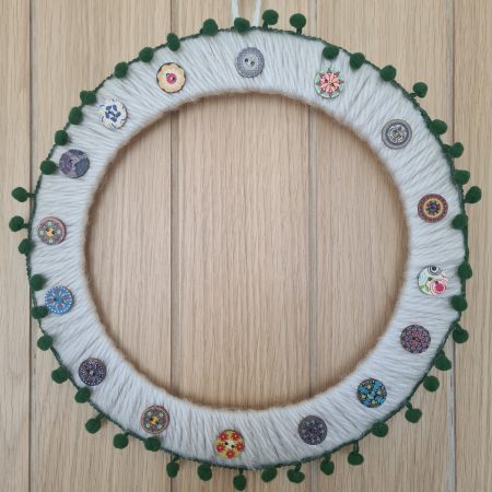 Chunky Cream Yarn Wreath,Green PomPom Trim and Decorative Wooden Buttons