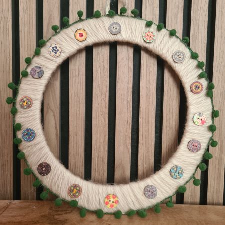 Chunky Cream Yarn Wreath,Green PomPom Trim and Decorative Wooden Buttons