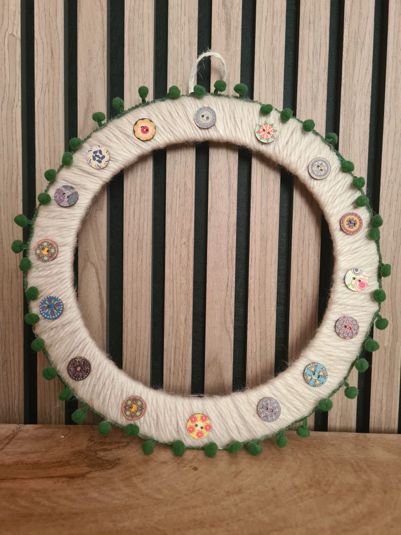 Chunky Cream Yarn Wreath,Green PomPom Trim and Decorative Wooden Buttons