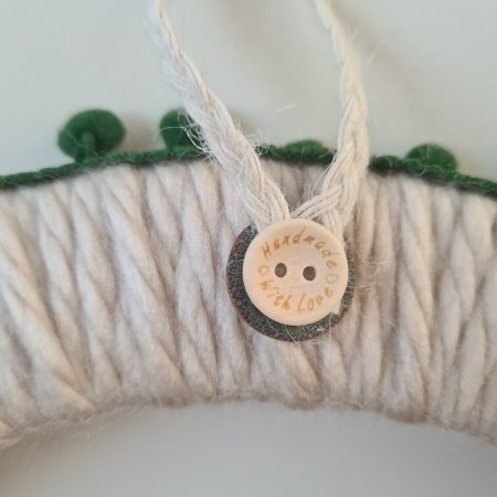 Chunky Cream Yarn Wreath,Green PomPom Trim and Decorative Wooden Buttons