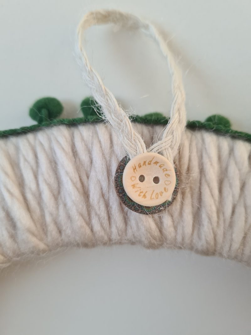 Chunky Cream Yarn Wreath,Green PomPom Trim and Decorative Wooden Buttons