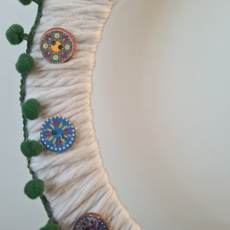 Chunky Cream Yarn Wreath,Green PomPom Trim and Decorative Wooden Buttons