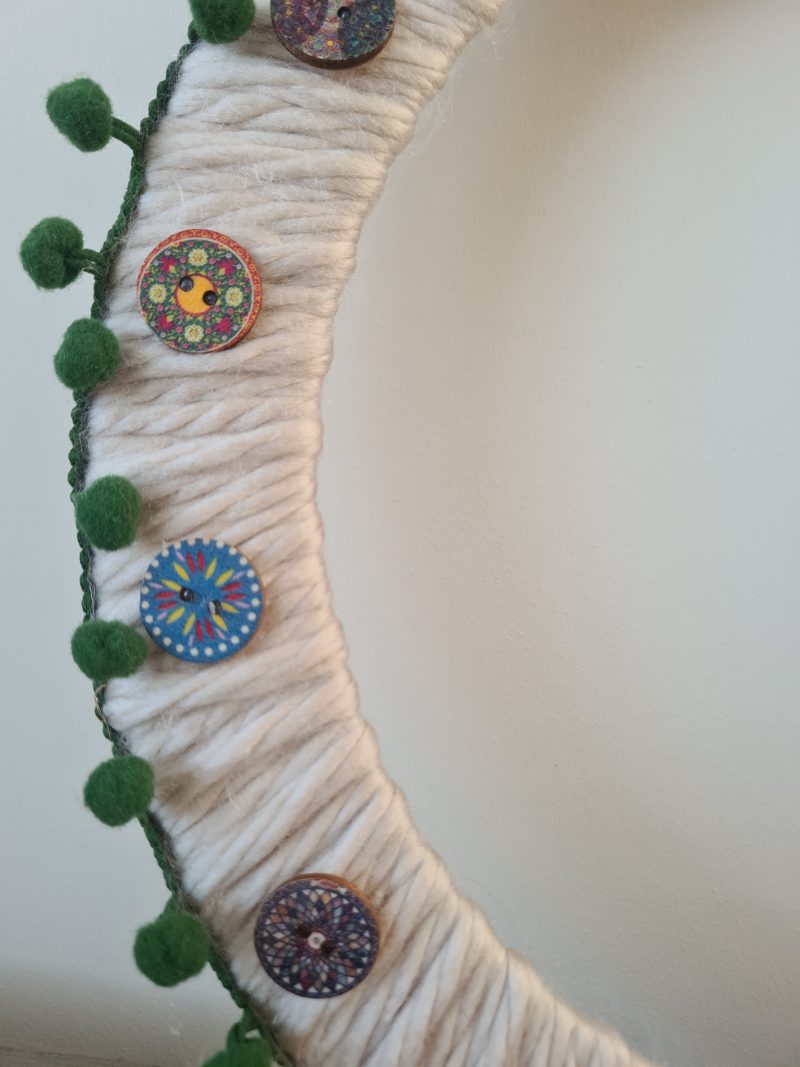Chunky Cream Yarn Wreath,Green PomPom Trim and Decorative Wooden Buttons
