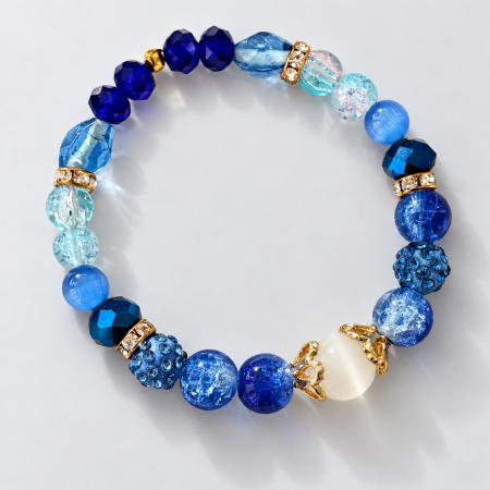 Blue glass beaded stretch bracelet with white cat's eye