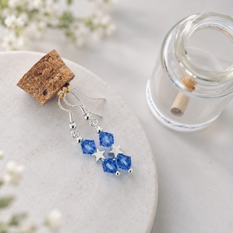 Sapphire Blue Swarovski Crystal Star Earrings in a Bottle