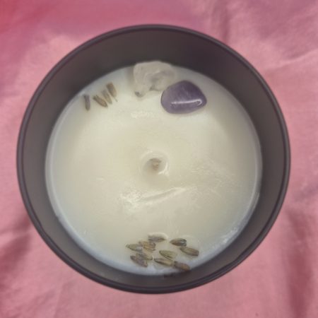Amber and lavender crystals infused candle.
