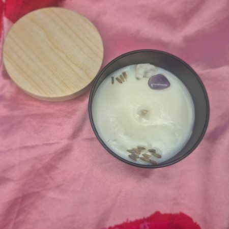 Amber and lavender crystals infused candle.