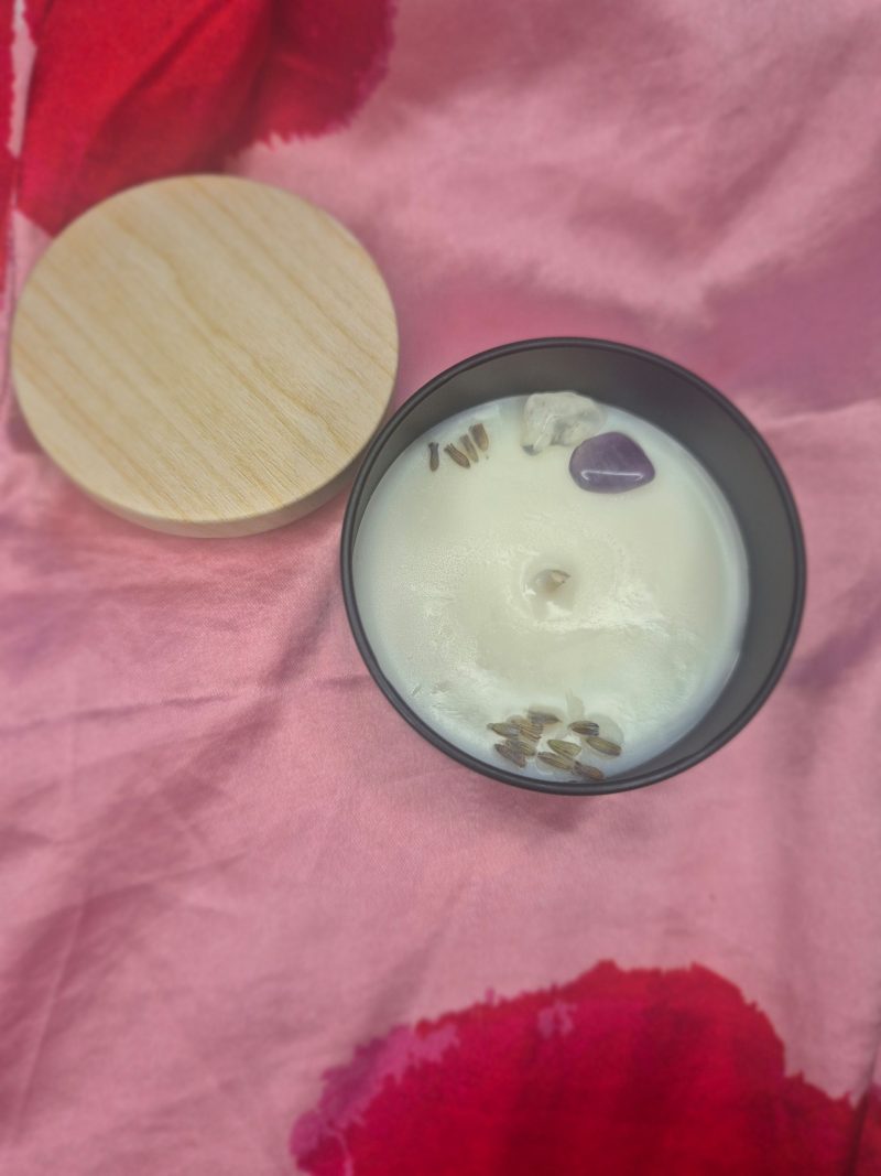Amber and lavender crystals infused candle.