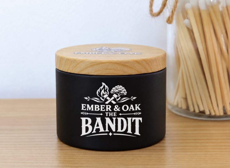 The Bandit candle by Ember & Oak in a black jar with its wooden lid on, standing on a wooden surface.