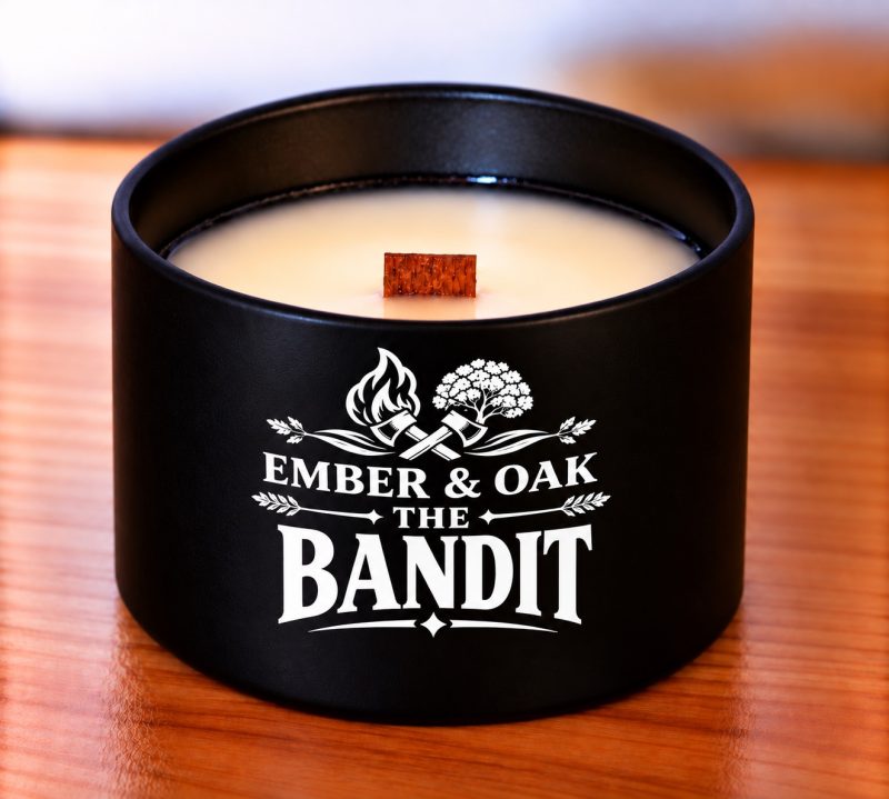 Unlit The Bandit candle in a black jar, showing pale wax, a wooden wick and the Ember & Oak label.