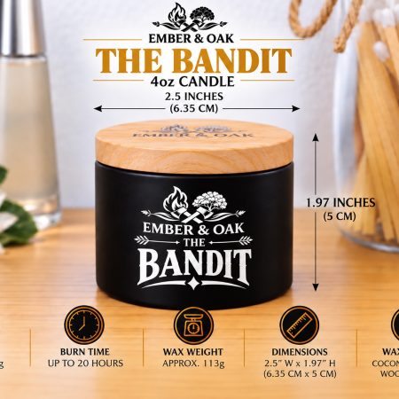 Ember & Oak 4oz candle size guide: black jar with wooden lid, 6.35cm diameter and 5cm height.