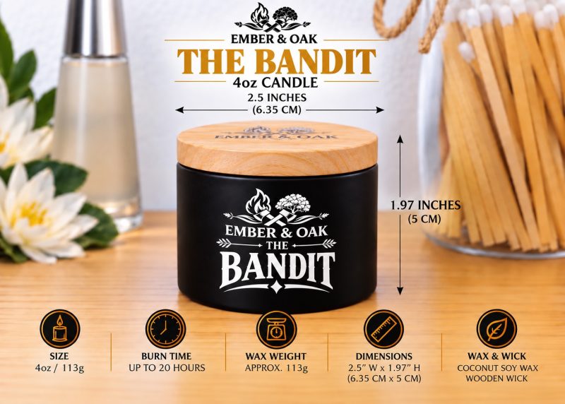 Ember & Oak 4oz candle size guide: black jar with wooden lid, 6.35cm diameter and 5cm height.
