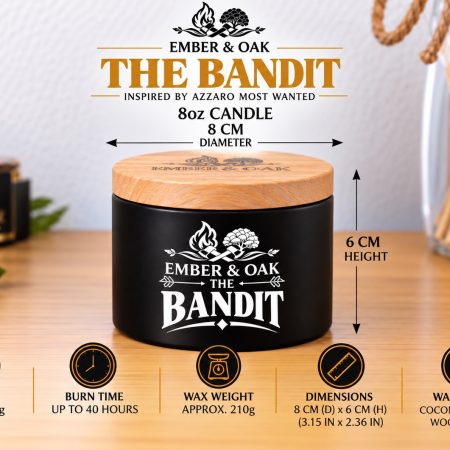 Ember & Oak 8oz candle size guide: black jar with wooden lid, 8cm diameter and 6cm height.