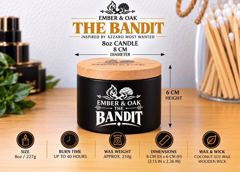 Ember & Oak 8oz candle size guide: black jar with wooden lid, 8cm diameter and 6cm height.