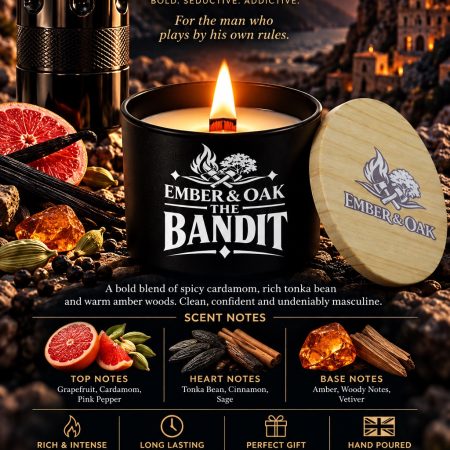 The Bandit fragrance guide with a burning candle, wooden lid and illustrated scent notes.