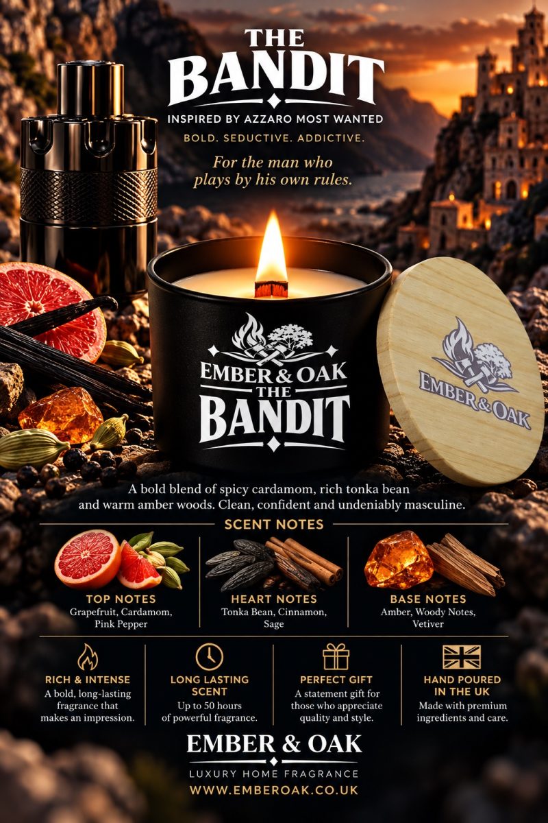 The Bandit fragrance guide with a burning candle, wooden lid and illustrated scent notes.