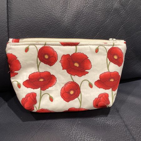 Small White/Red Poppy Fabric Zipped Lined Make Up Bag/Cosmetic Pouch/Coin Purse/Card Purse