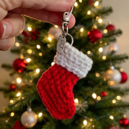 Red and white crochet Christmas stocking keyring in front of a lit Christmas tree